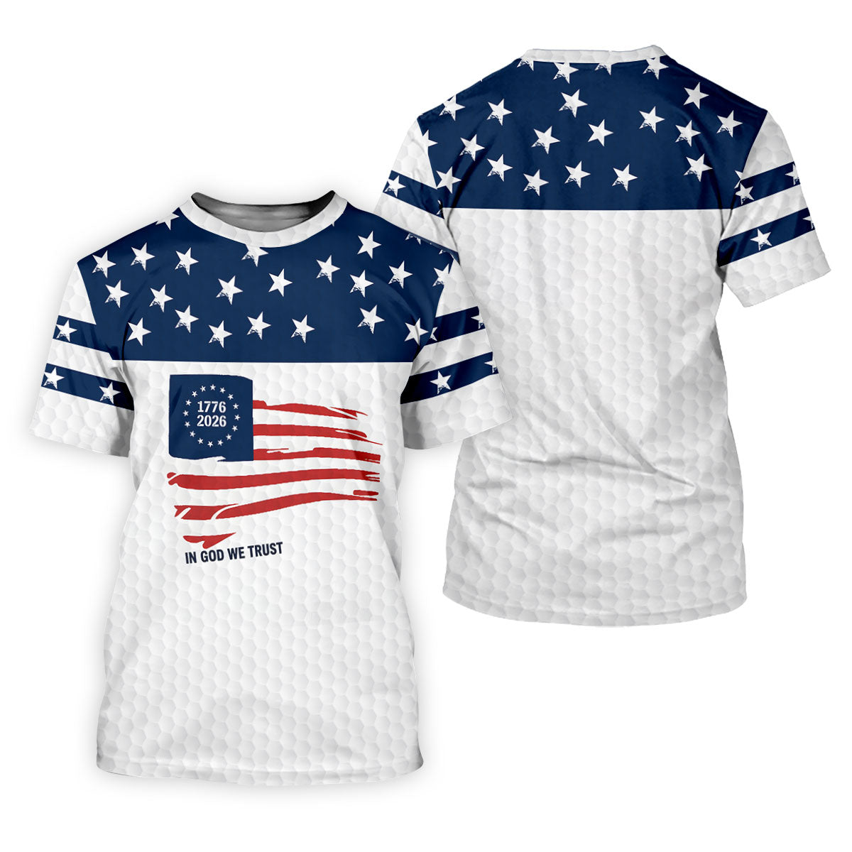 In God We Trust Golf Ball Pattern US Flag Golf Shirt, 250 Years 4th Of July Golf Shirts For Men