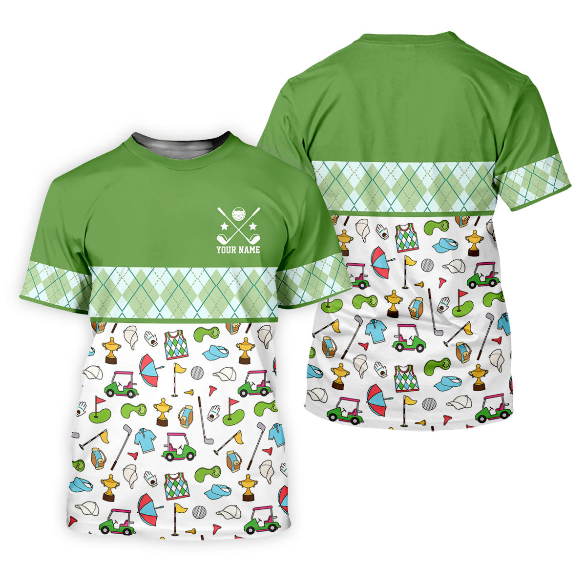 Custom Name Green Argyle Golf Icons Pattern Golf Shirt, Mens Golf Polo, Golf Shirts For Men, Printed Golf Shirts