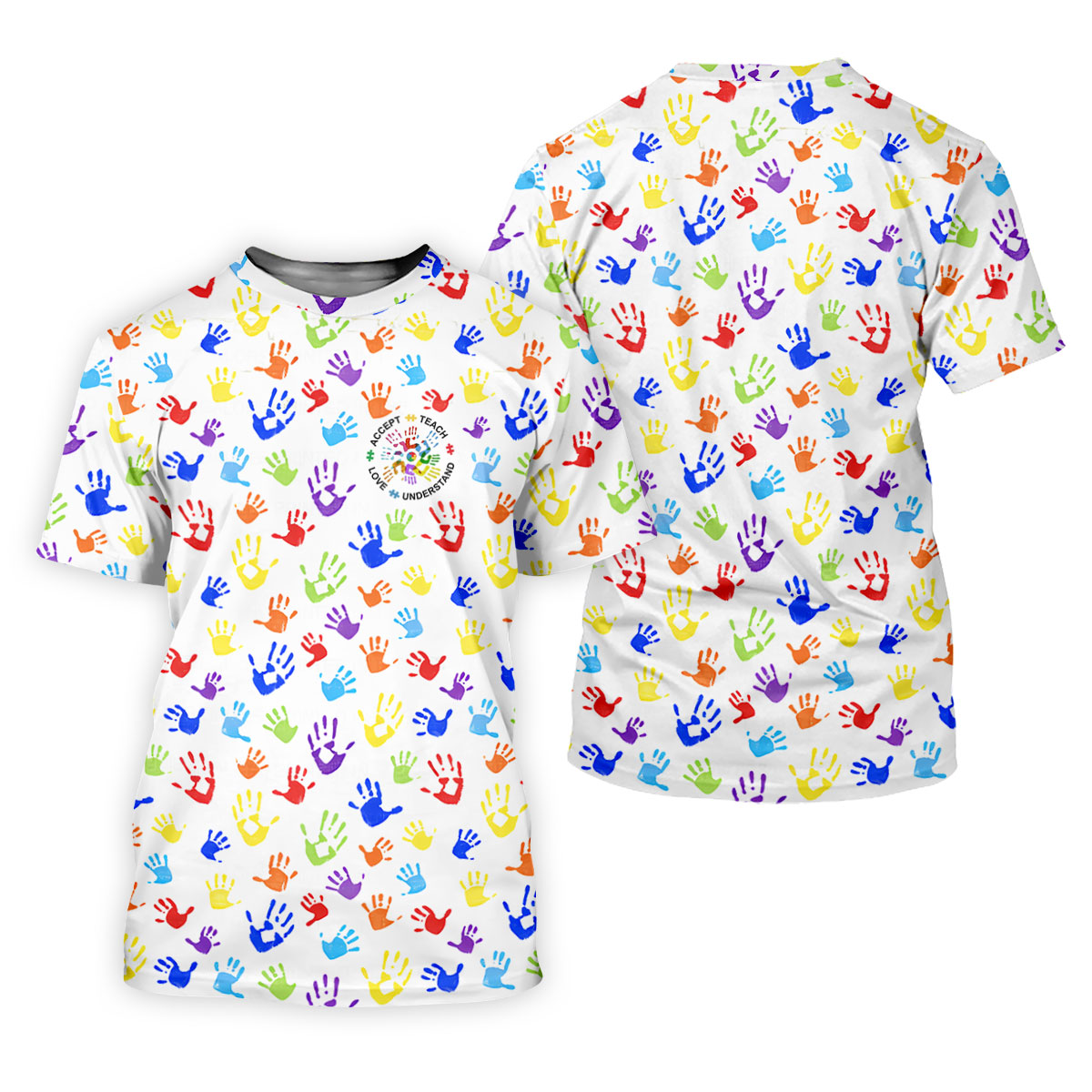 Accept Teach Understand Love Autism Awareness Colorful Handprint White Golf Shirt, Golf Shirts For Men