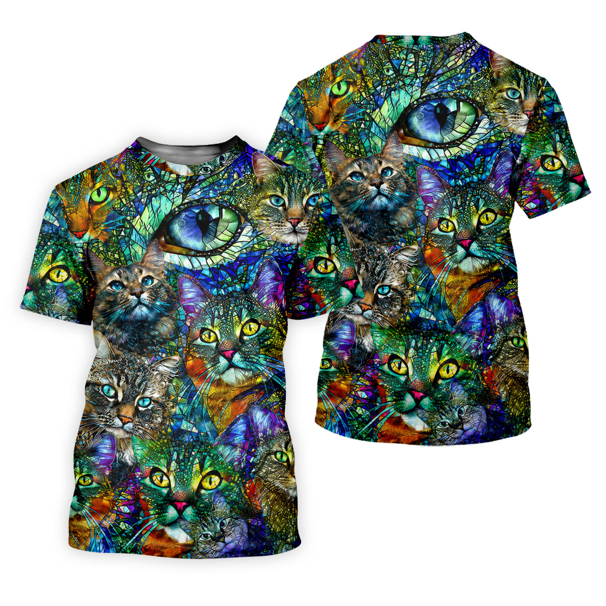 Colorful Stained Glass Cat Art Golf Polo Shirt, Men's Golf Shirt, Golf Polo Shirts For Men