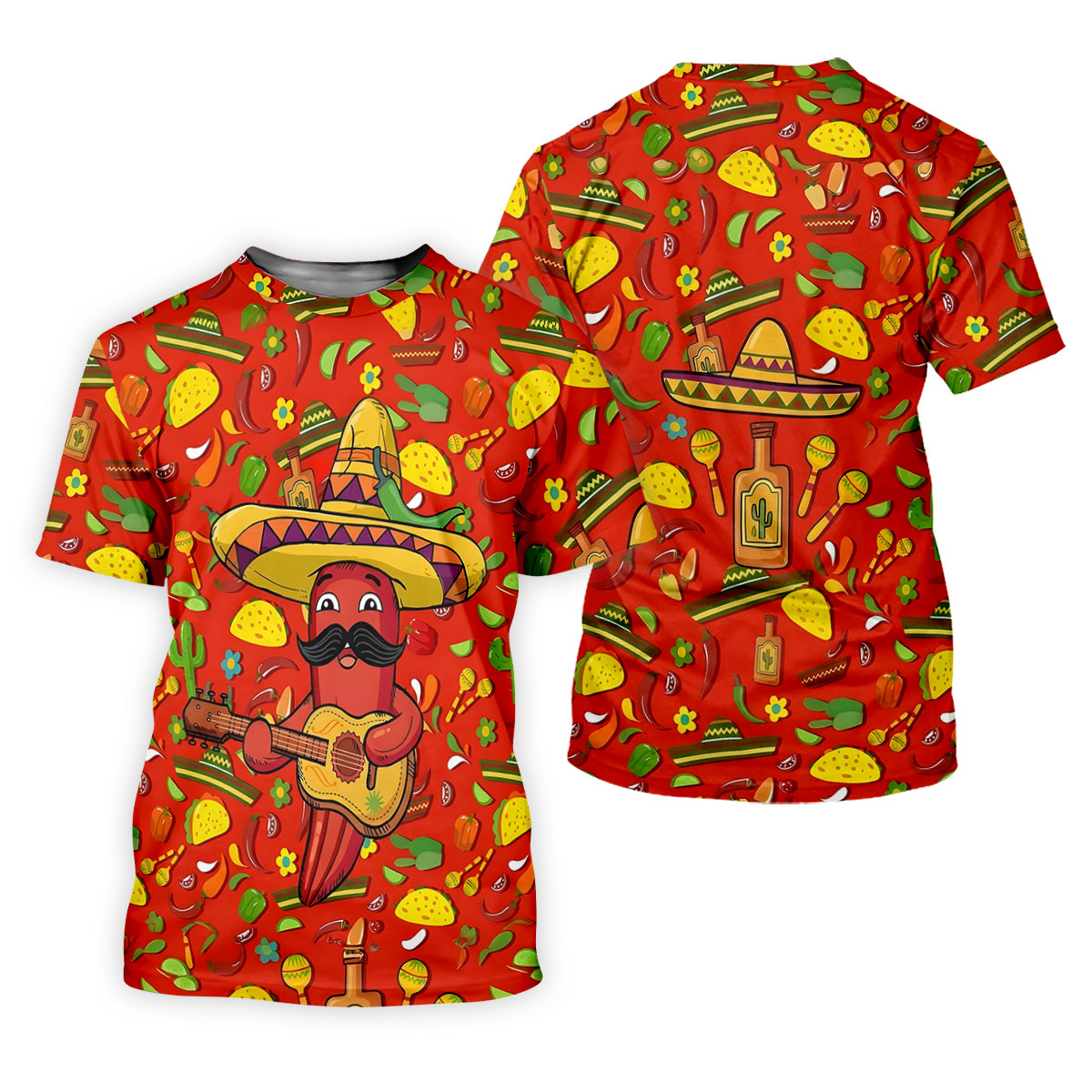 Cartoon Chili Pepper Mexican Guitar Cinco De Mayo Celebration Fiesta Themed Golf Shirts For Men
