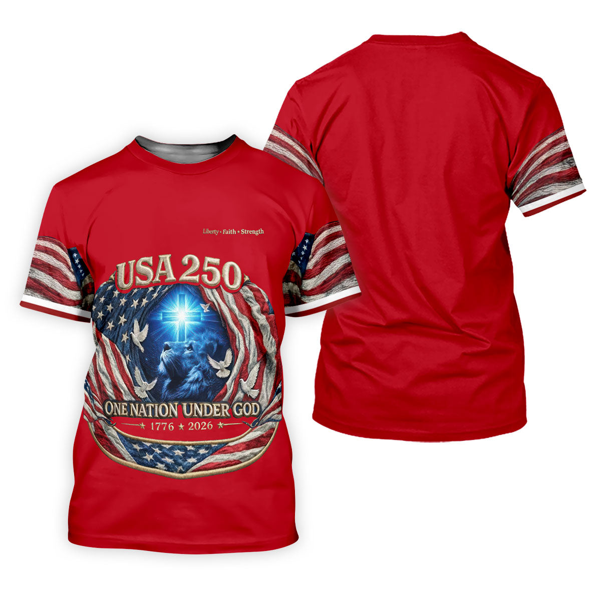 One Nation Under God Faith Cross USA 250 Red Golf Shirt, 4th Of July Golf Shirts For Men
