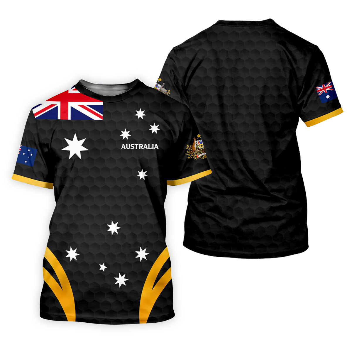 Australia Flag Print Golf Ball Pattern Black Golf Shirt, Australian Symbol Polo Shirts For Men