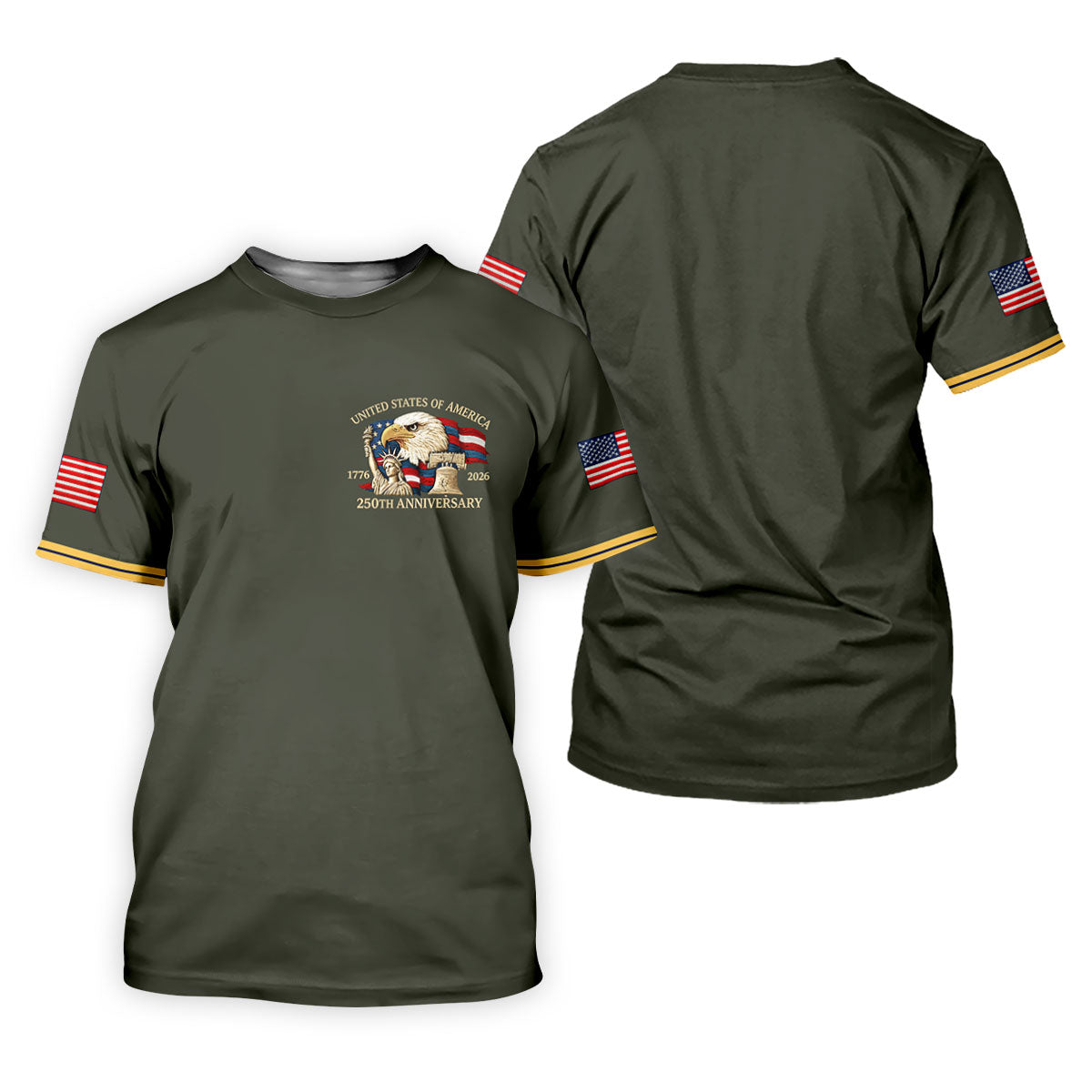 Bald Eagle American Flag 250 Years Green Golf Shirt, Patriotic 4th Of July Golf Shirts For Men