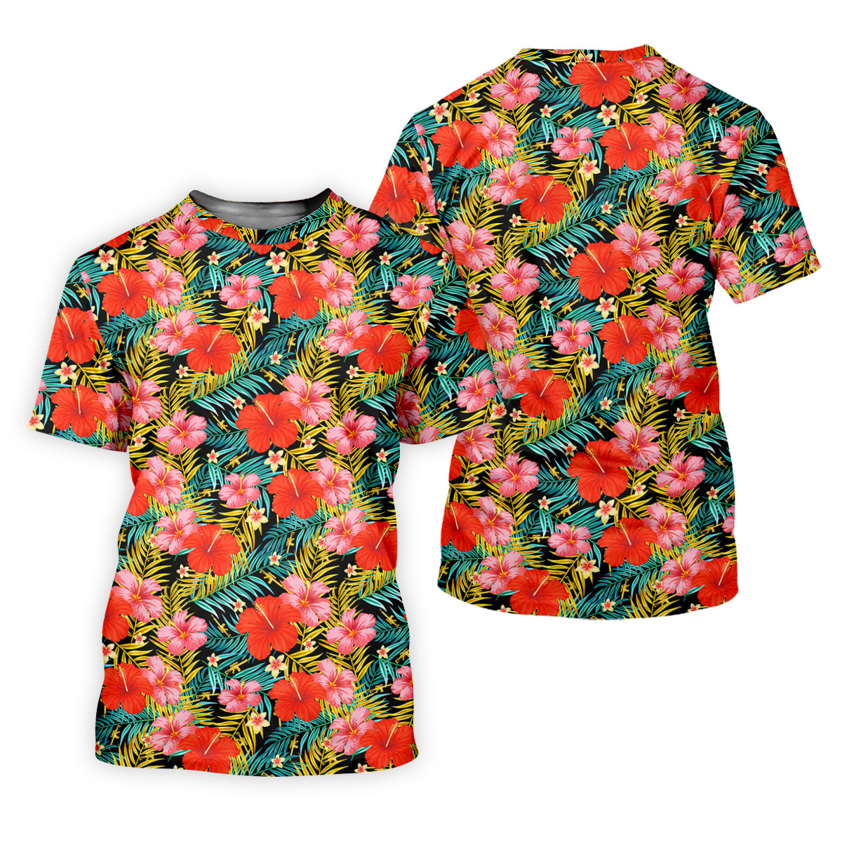 Red Hibicus Gold Palm Leaf Hawaiian Golf Shirt, Summer Theme Golf Shirts For Men