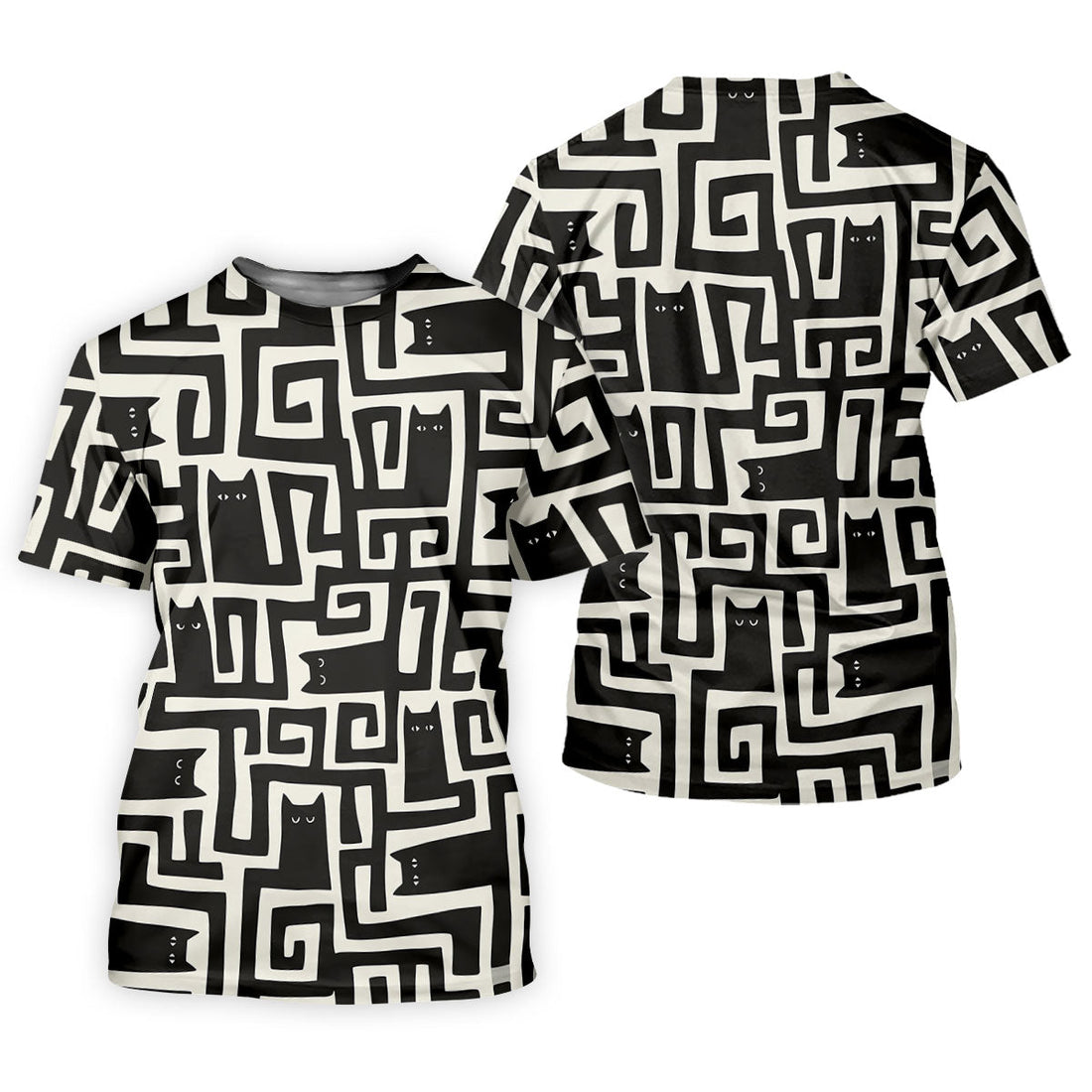 Minimalist Black Cat Maze Pattern Golf Polo Shirt, Women's Golf Tops, Golf Polo For Women