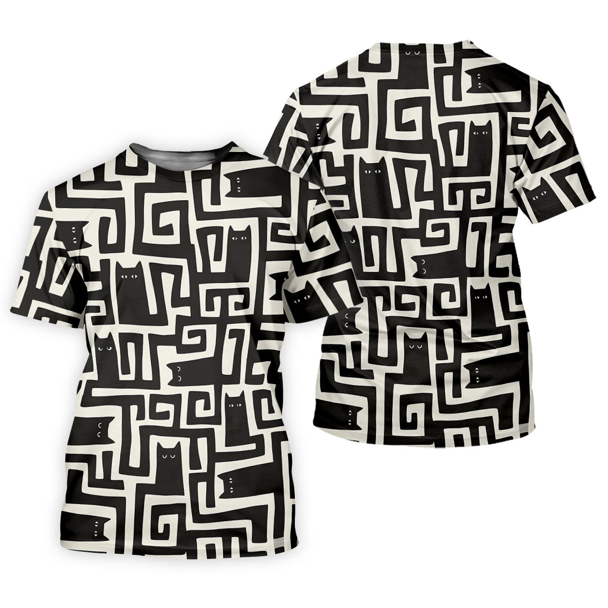 Minimalist Black Cat Maze Pattern Golf Polo Shirt, Women's Golf Tops, Golf Polo For Women