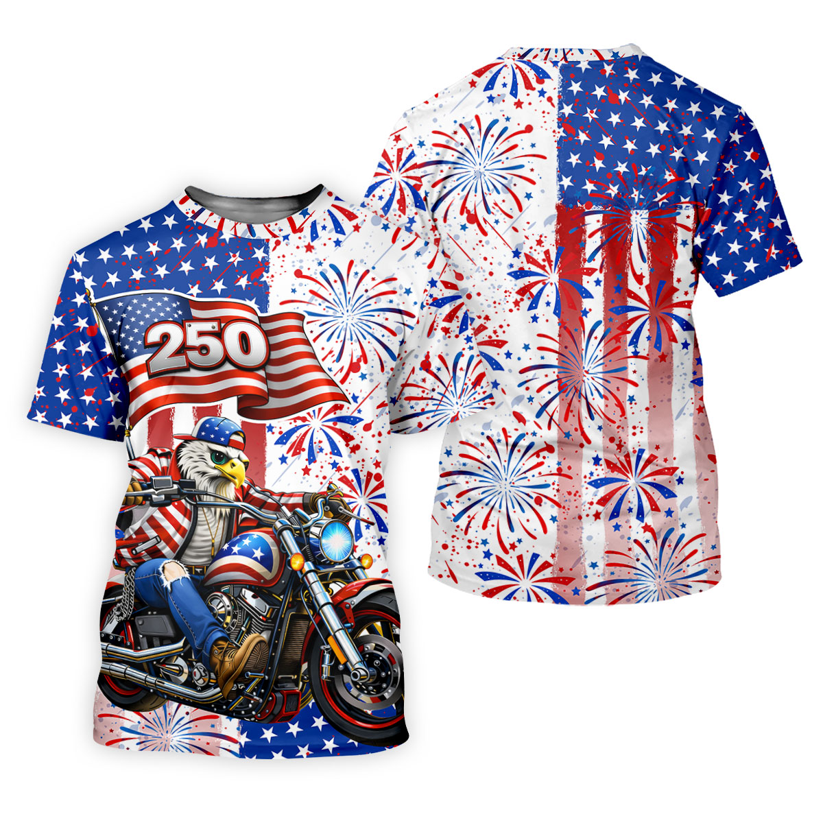250 Years Eagle Motorcycle American Flag Golf Shirt, Patriotic 4th Of July Golf Shirts For Men