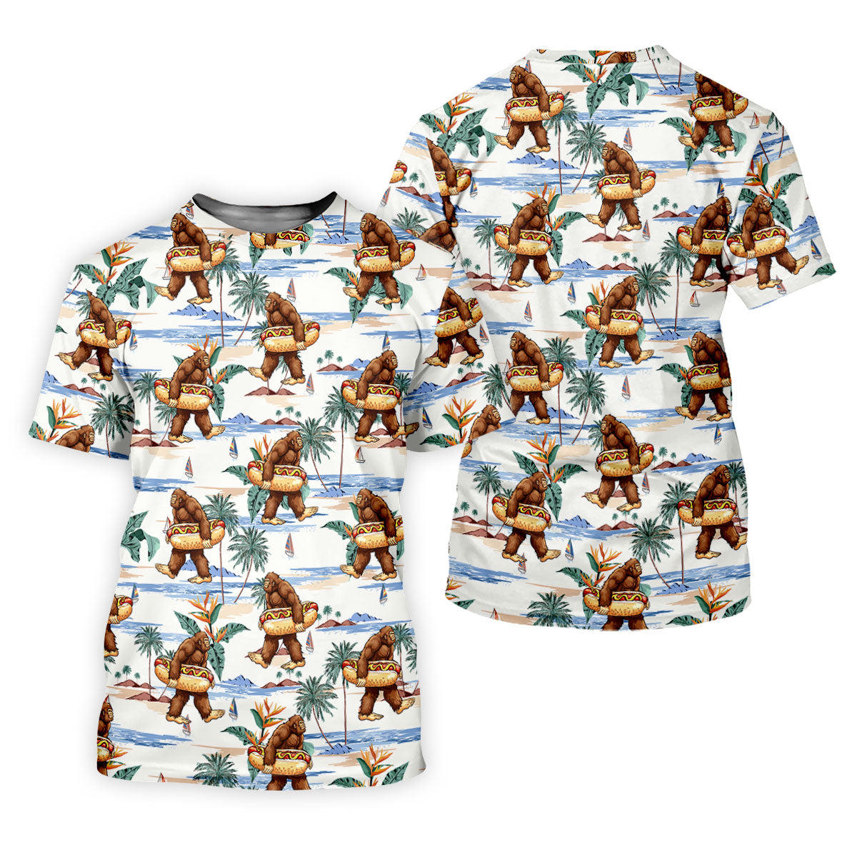 Funny Bigfoot Carrying Hot Dog Float Beach Golf Polo Shirt, Hawaiian Golf Shirt, Golf Apparel For Men