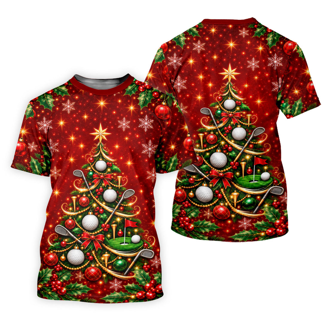 Golf Ball And Club Tree Christmas Golf Shirt, Ladies Golf Shirts, Golf Tops For Women