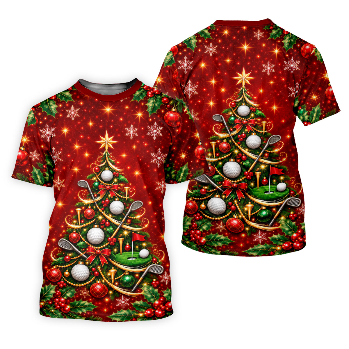 Golf Ball And Club Tree Christmas Golf Shirt, Ladies Golf Shirts, Golf Tops For Women