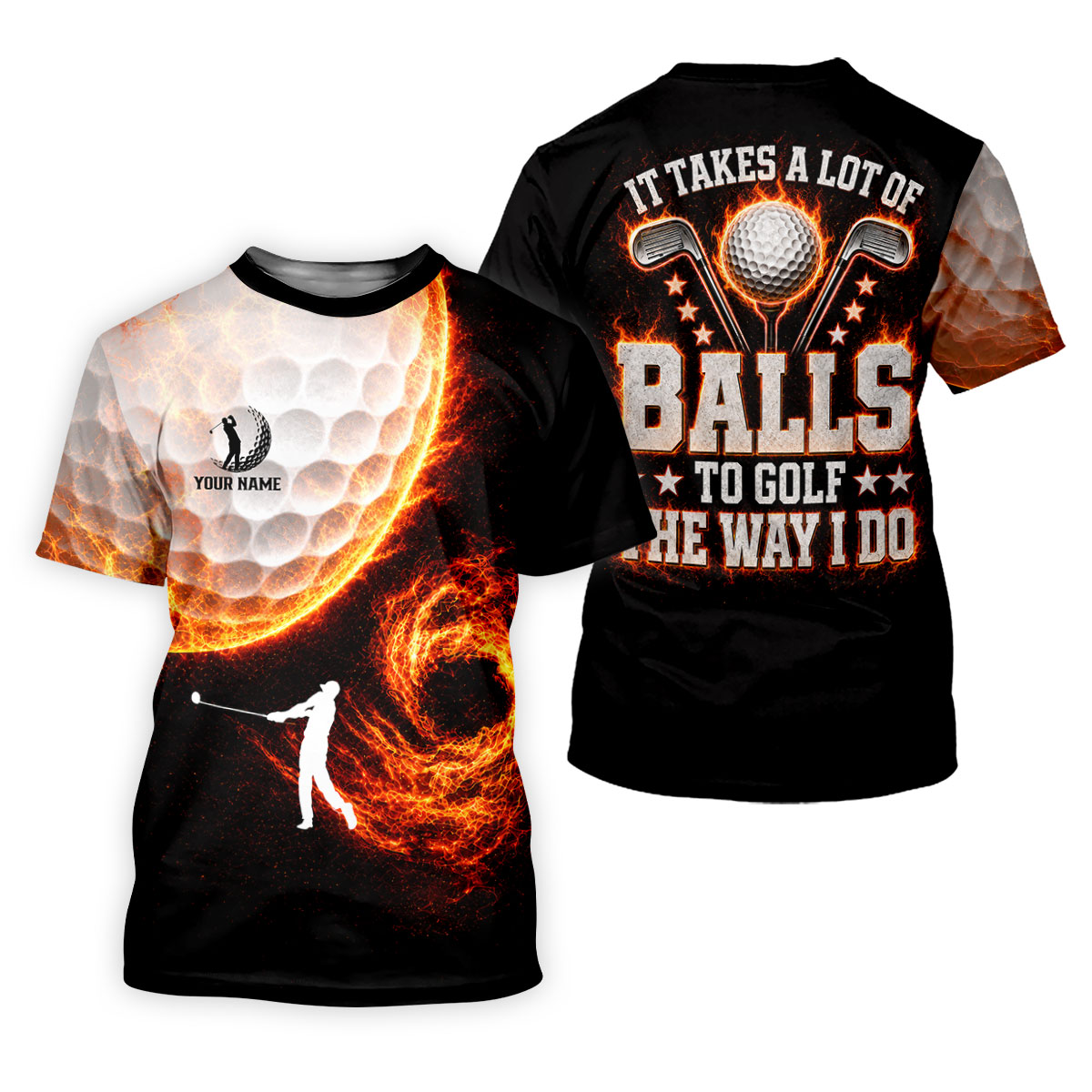 Custom Your Name Fire Golf Ball Polo Shirt, Golf Polo Shirts For Men, Mens Golf Apparel