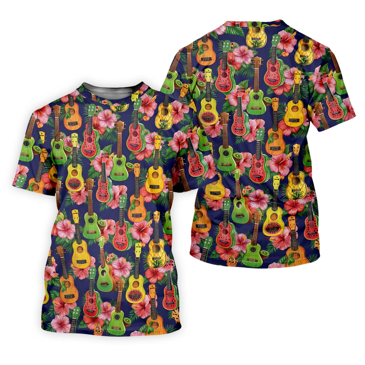 Tropical Ukulele Fruit Pattern 250 Retro Golf Shirt, Hawaiian Vibe Golf Shirts For Men