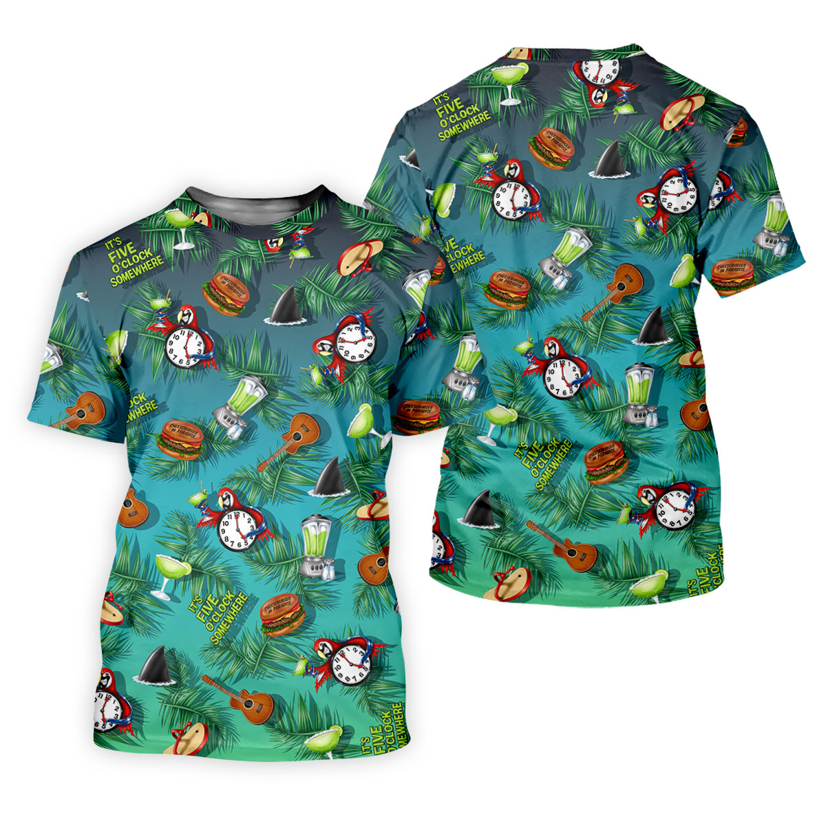 Teal Tropical Cocktail Parrot Pattern Golf Polo Shirt, Men's Golf Shirt, Golf Polo Shirts For Men
