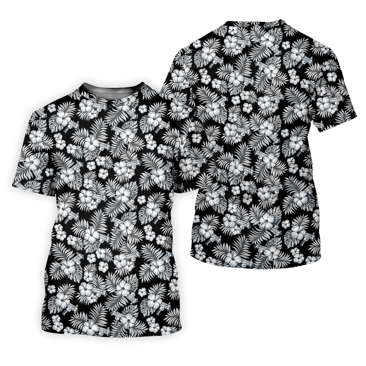 Black And White Pattern Tropical Hawaiian Golf Shirt, Summer Theme Golf Shirts For Men