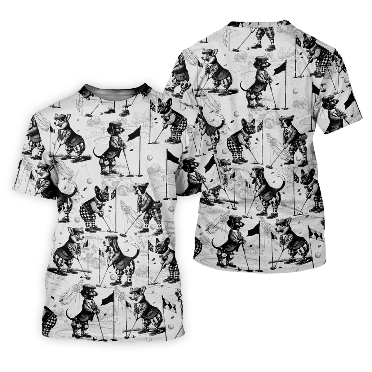 Vintage Golfing Dogs Pattern Golf Polo Shirt, Mens Golf Shirts, Golf Apparel For Men