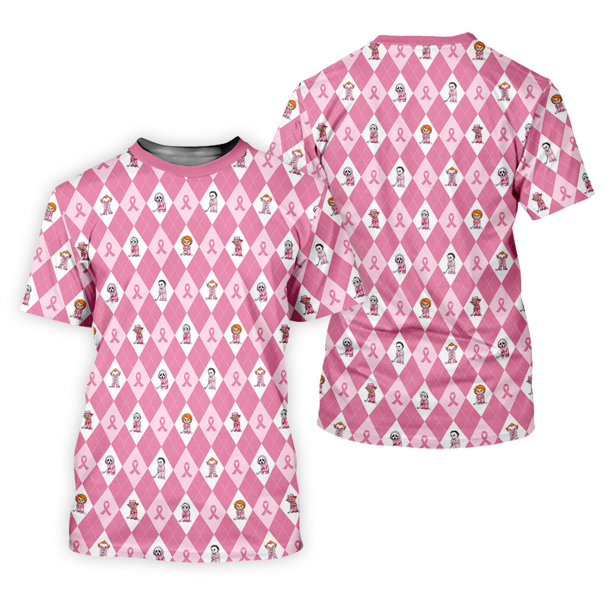 Pink Argyle Horror Character Breast Cancer Polo Shirt, Women's Golf Polo, Golf Tops For Women
