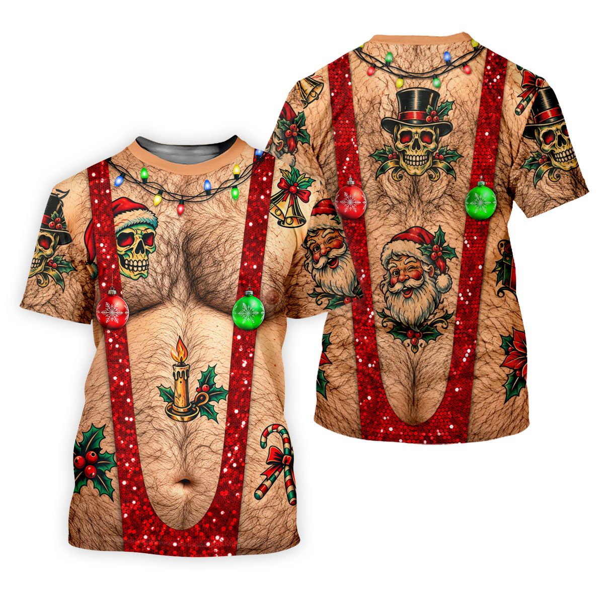 Santa Skull Hairy Chest Christmas Golf Shirt, Mens Golf Polo, Golf Shirts For Men