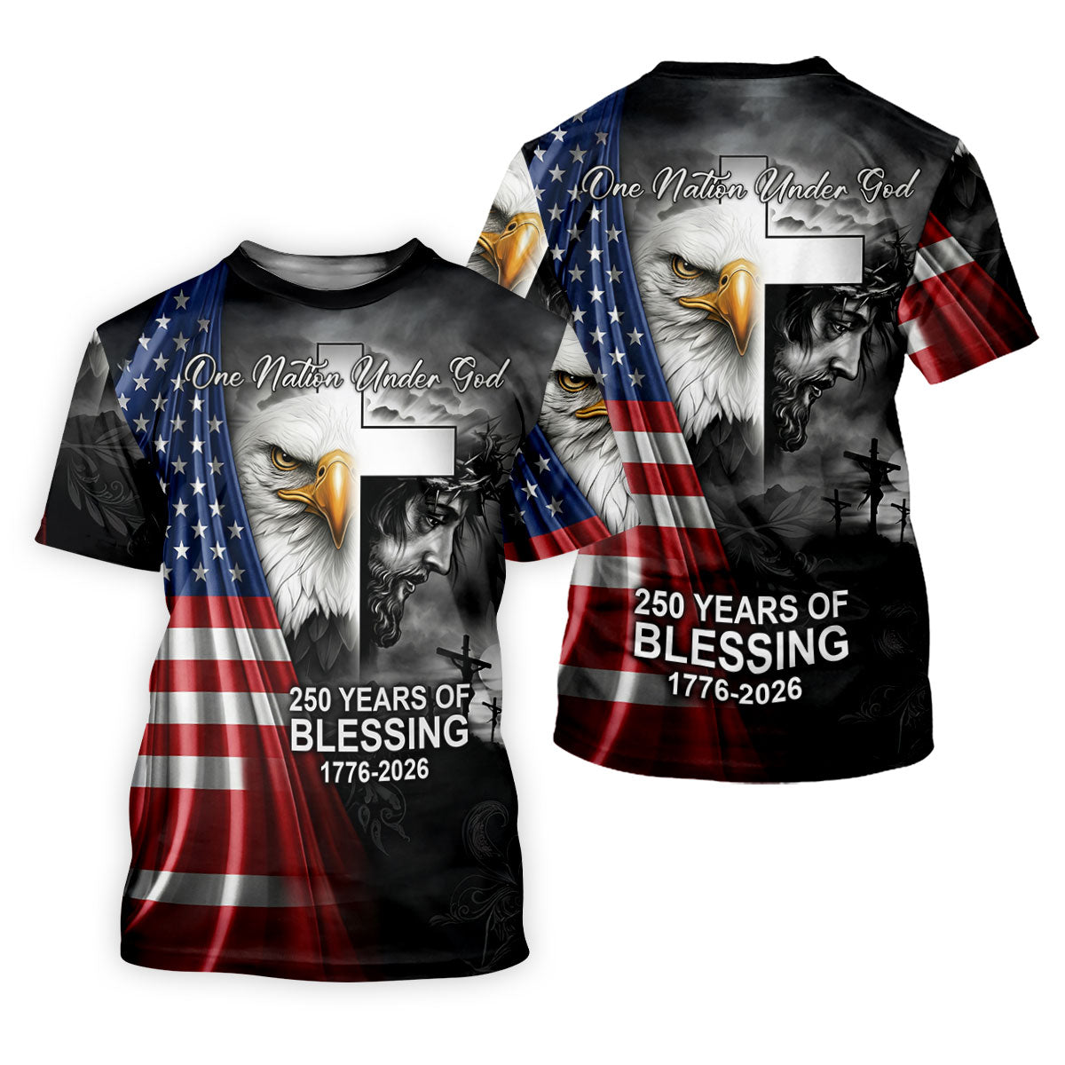 One Nation Under God 250 Years Of Blessing Faith Cross US Flag Golf Shirt, 4th Of July Golf Shirt For Women