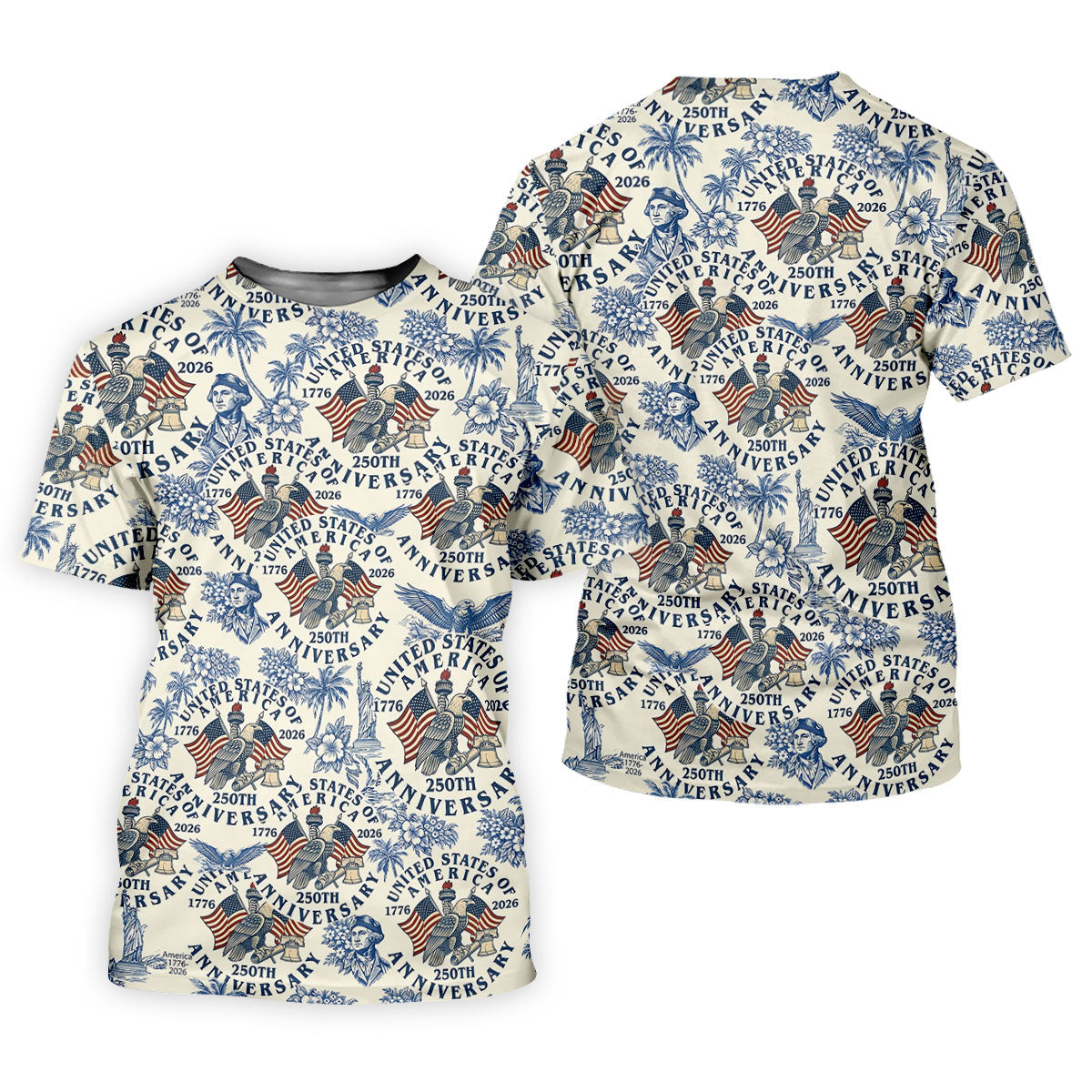 USA 250th Anniversary Toile De Jouy Hawaiian Golf Shirt, Patriotic 4th Of July Golf Shirts For Men