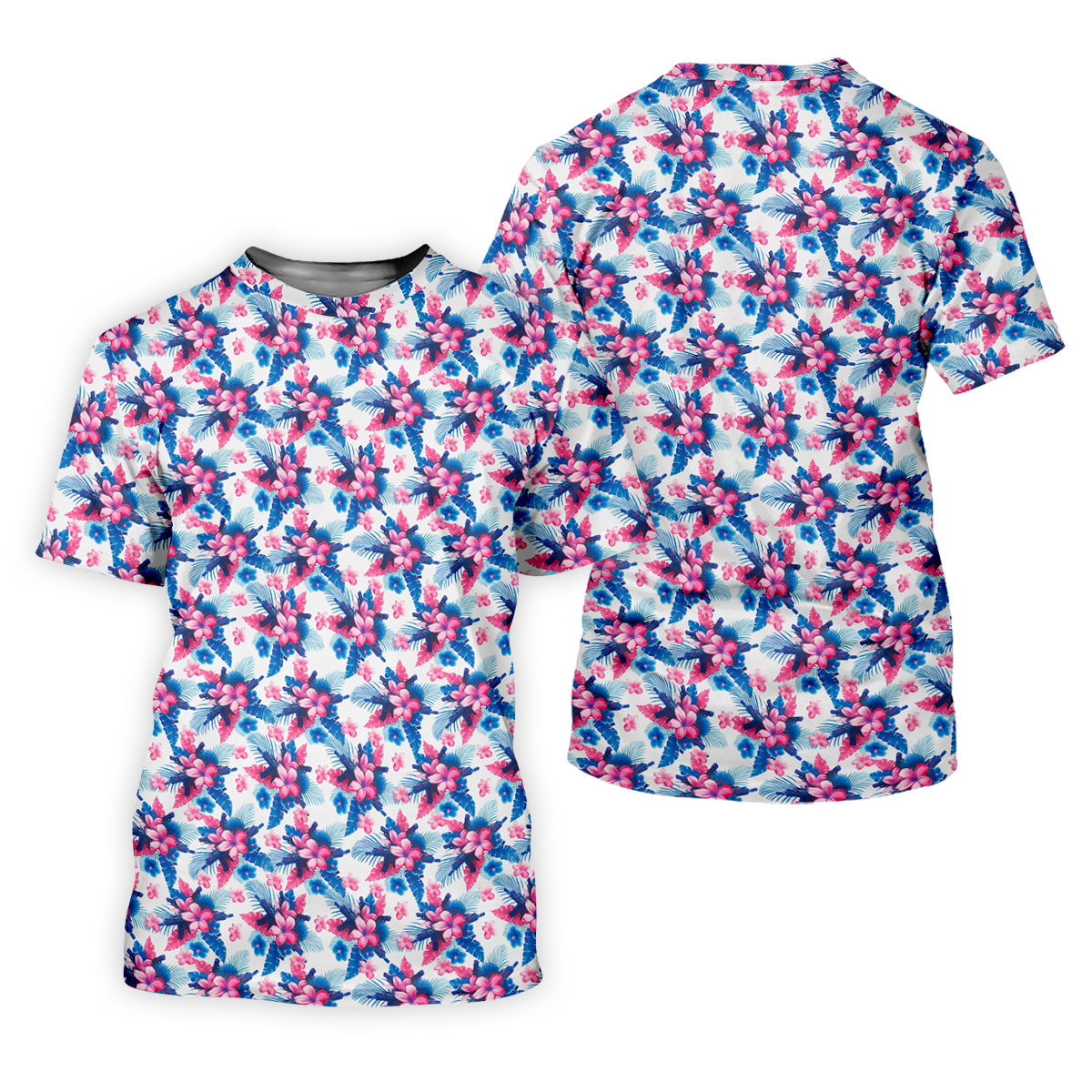 Pink Blue Tropical Floral Hawaiian Golf Shirt, Vibrant Color Golf Shirts For Men