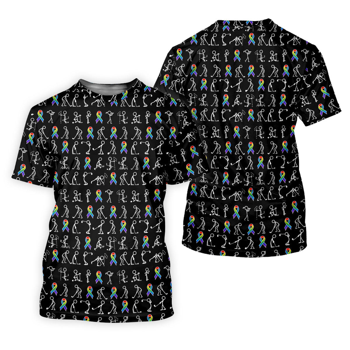 Rainbow Cancer Ribbon Stick Figure Golf Pattern Shirt, Printed Golf Shirts, Polo Shirts For Men
