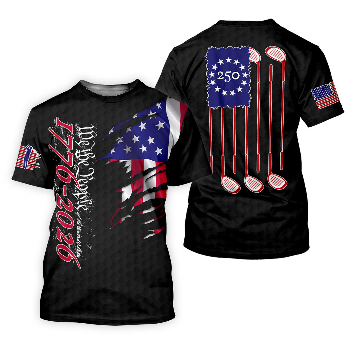 We The People Distressed American Flag Black Golf Shirt, 4th Of July Golf Shirts For Men