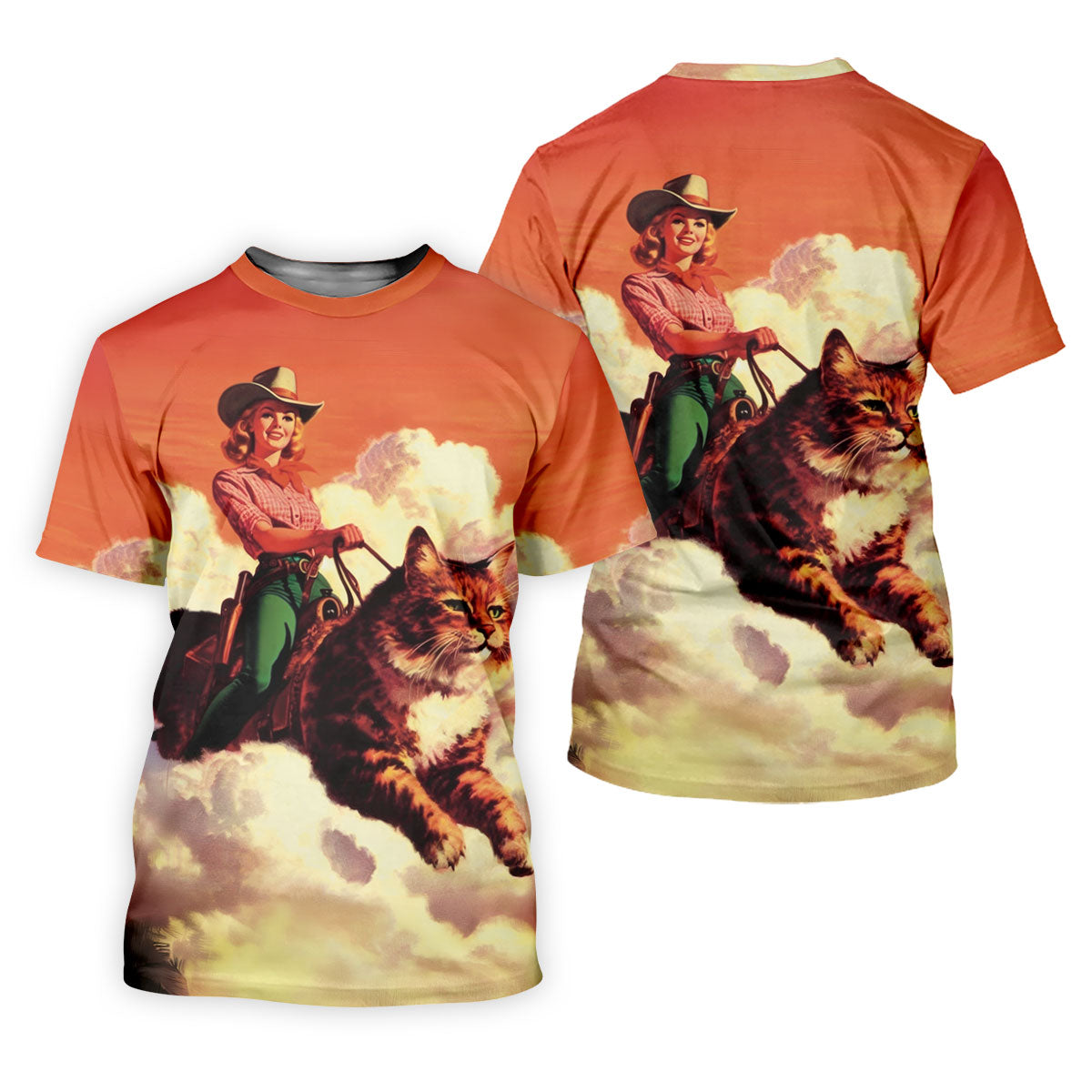 Orange Vintage Cowgirl Riding Giant Cat Golf Polo Shirt, Women's Golf Polo, Golf Shirts For Women