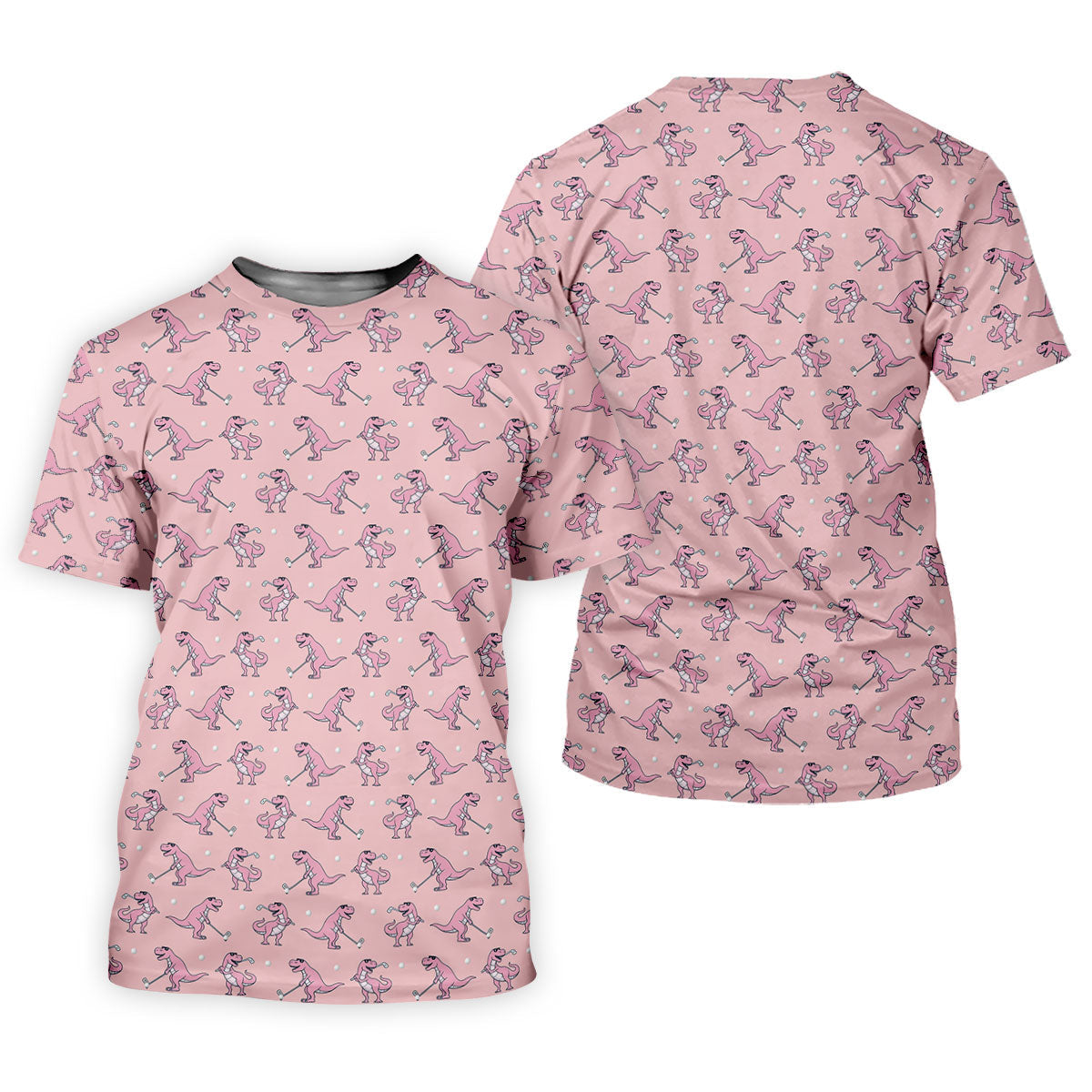 Pink T-Rex Dinosaur Golfer Pattern Golf Polo Shirt, Golf Shirts For Men, Mens Golf Apparel