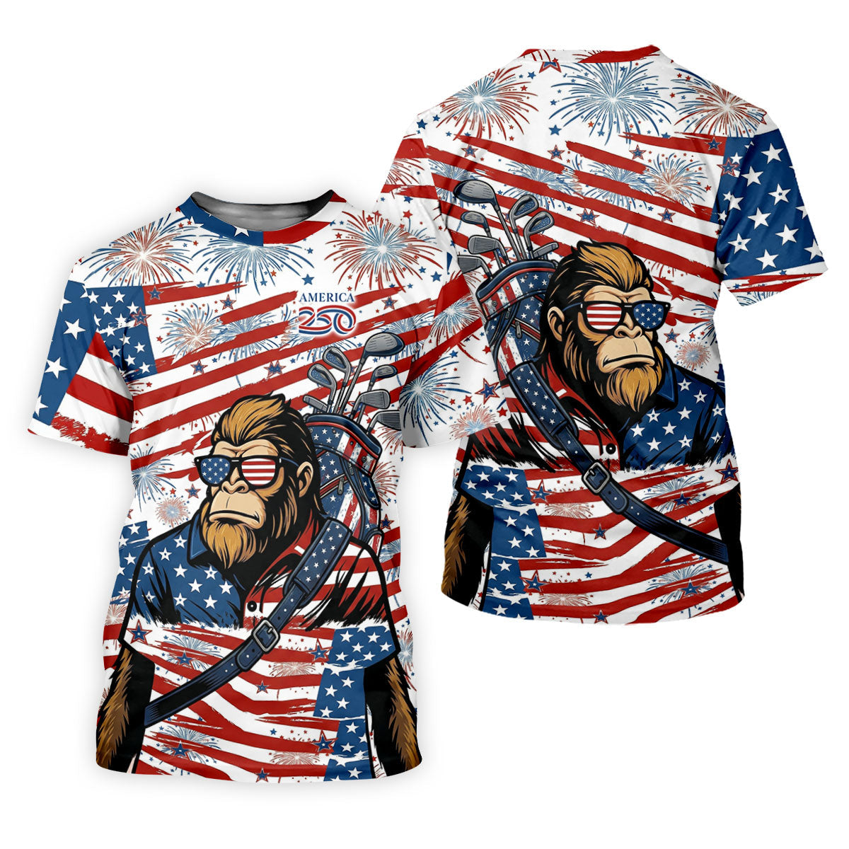 Red White Blue Stars And Stripes 250 Years Bigfoot Golf Shirt, Patriotic 4th Of July Golf Shirt For Women