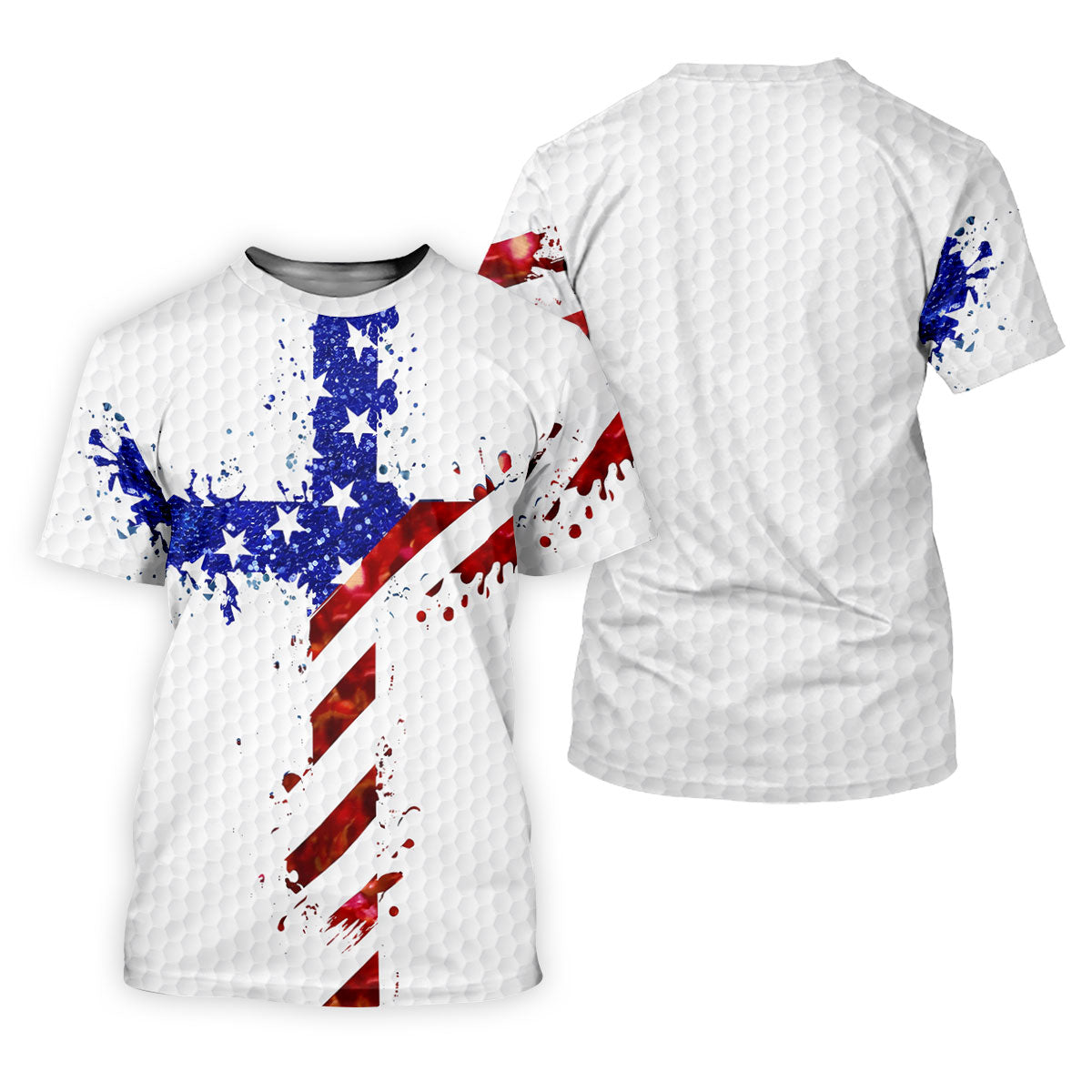 Red White Blue Paint Splash Faith Cross Patriotic Golf Shirt, 250 Years 4th Of July Golf Shirts For Men