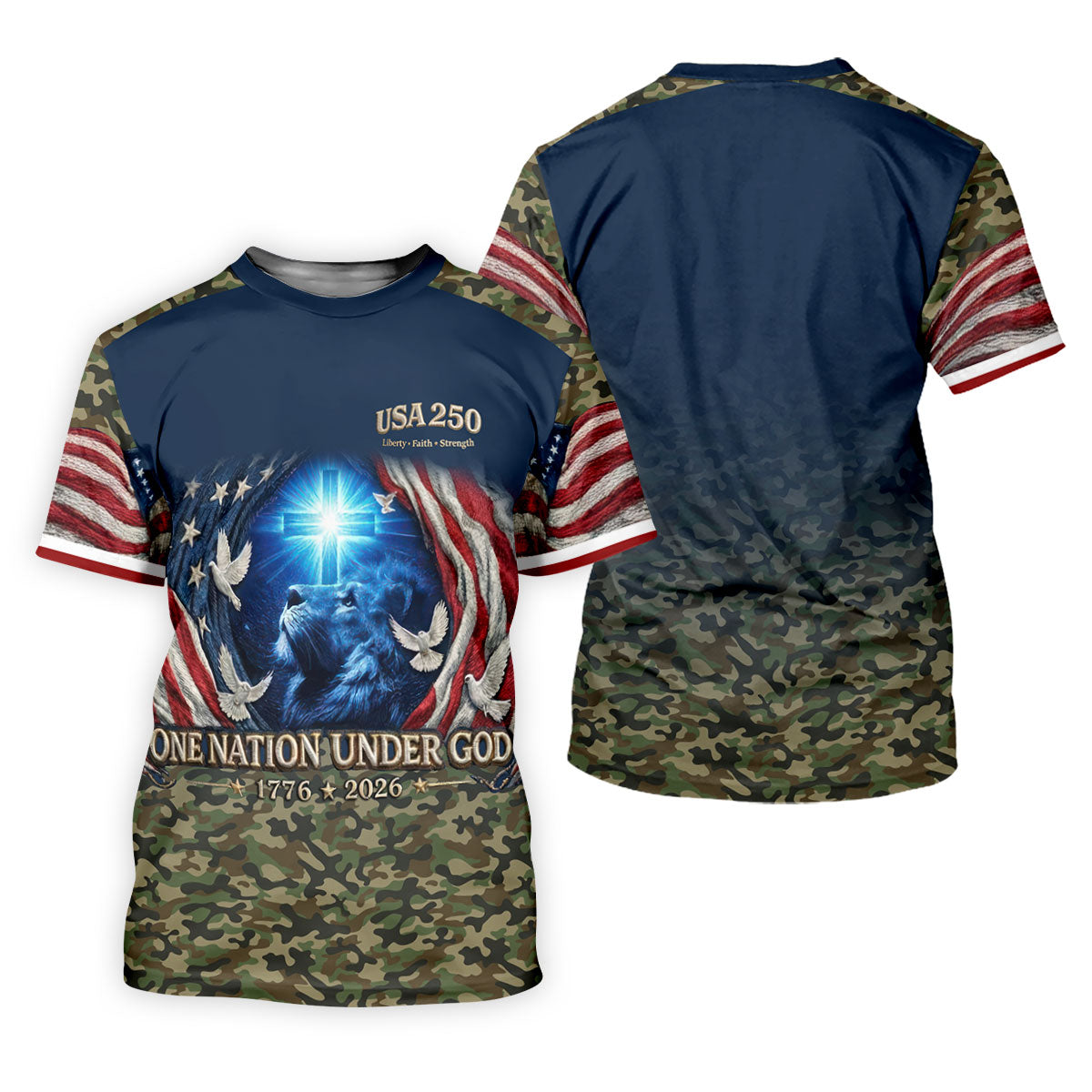 One Nation Under God Faith Cross USA 250 Navy Camo Golf Shirt, 4th Of July Golf Shirts For Men