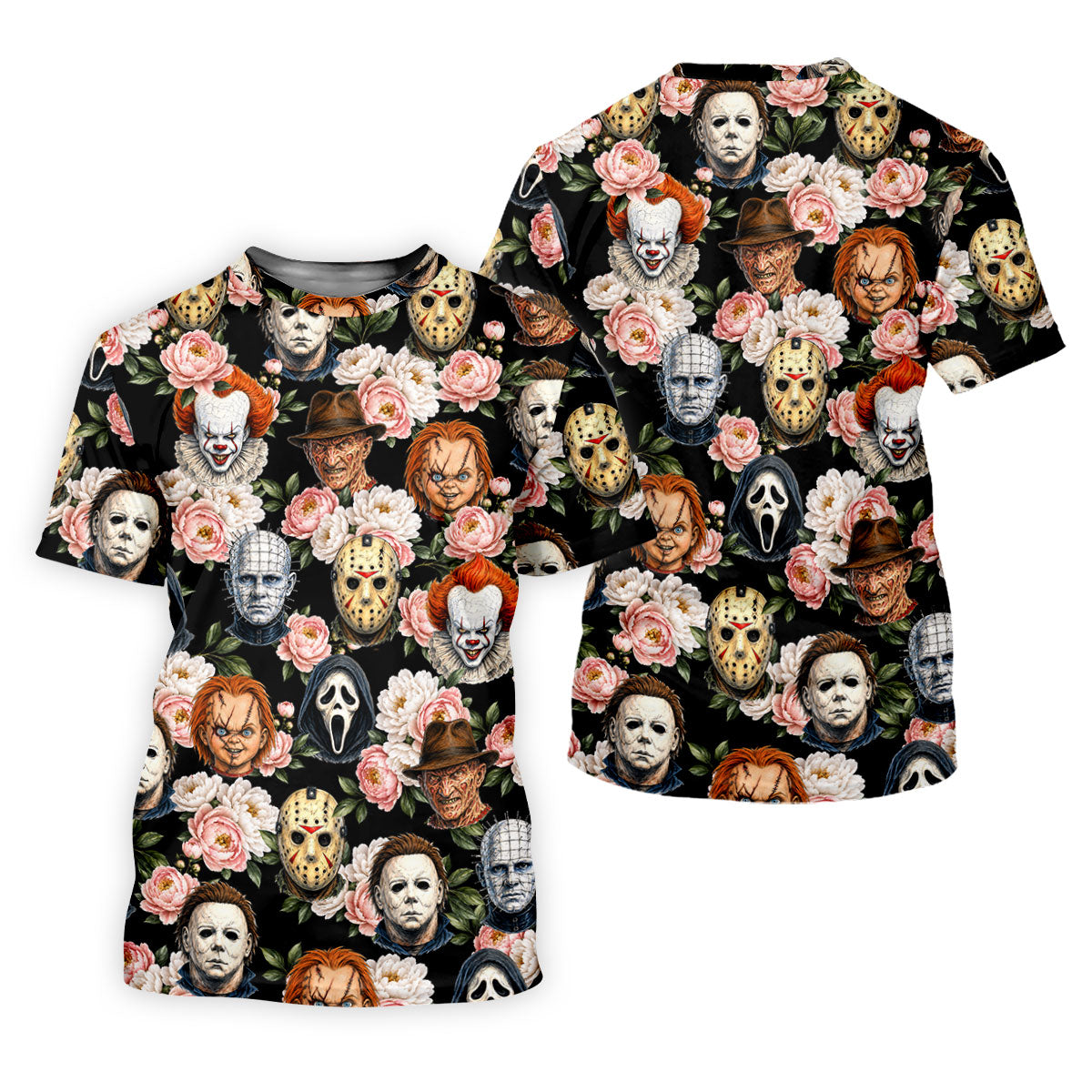 Horror Icons Floral Hawaiian Golf Shirt, Men's Golf Shirt, Printed Golf Shirts