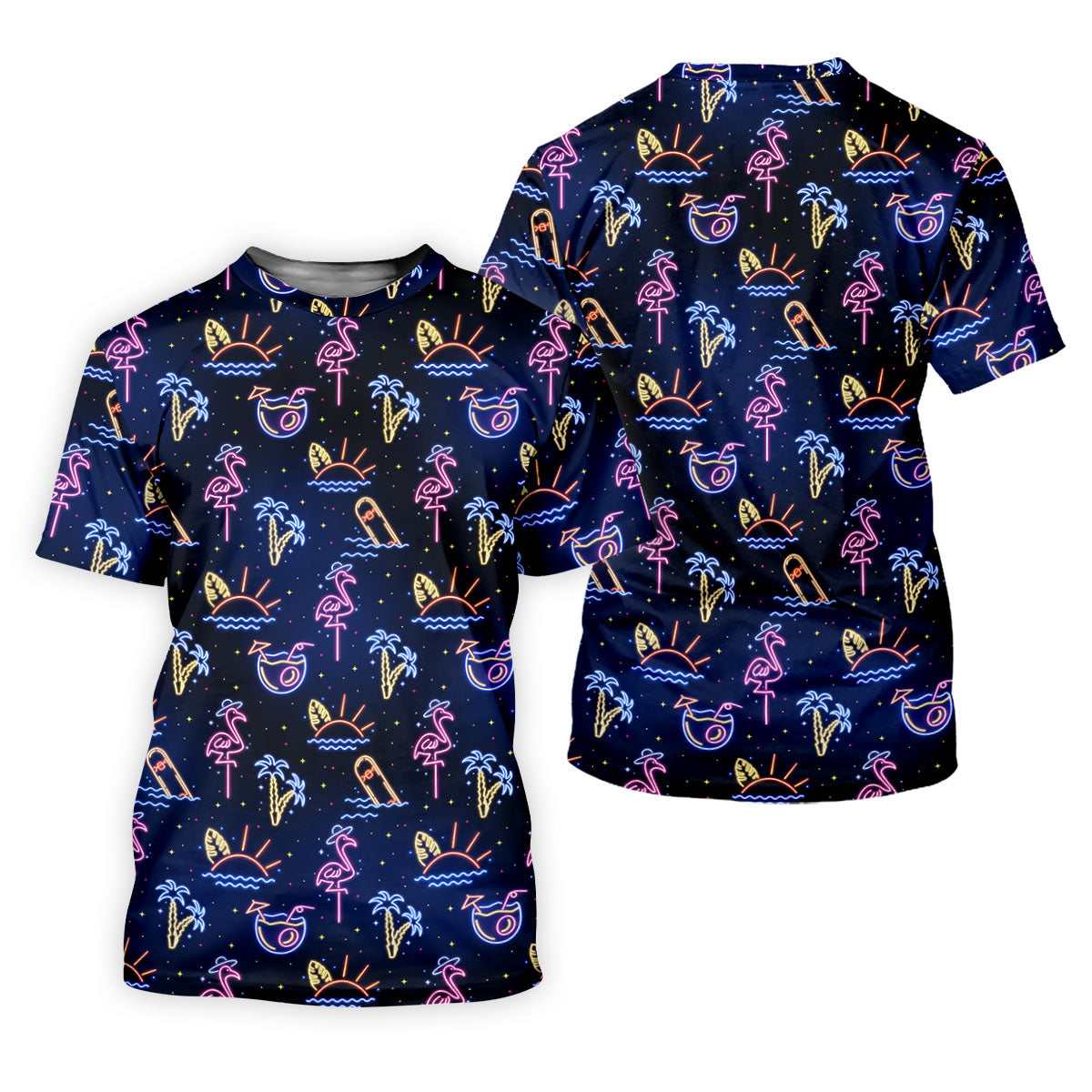 Neon Tropical Flamingo Sunset Cocktail Night Golf Polo, Hawaiian Golf Shirt, Ladies Golf Shirt