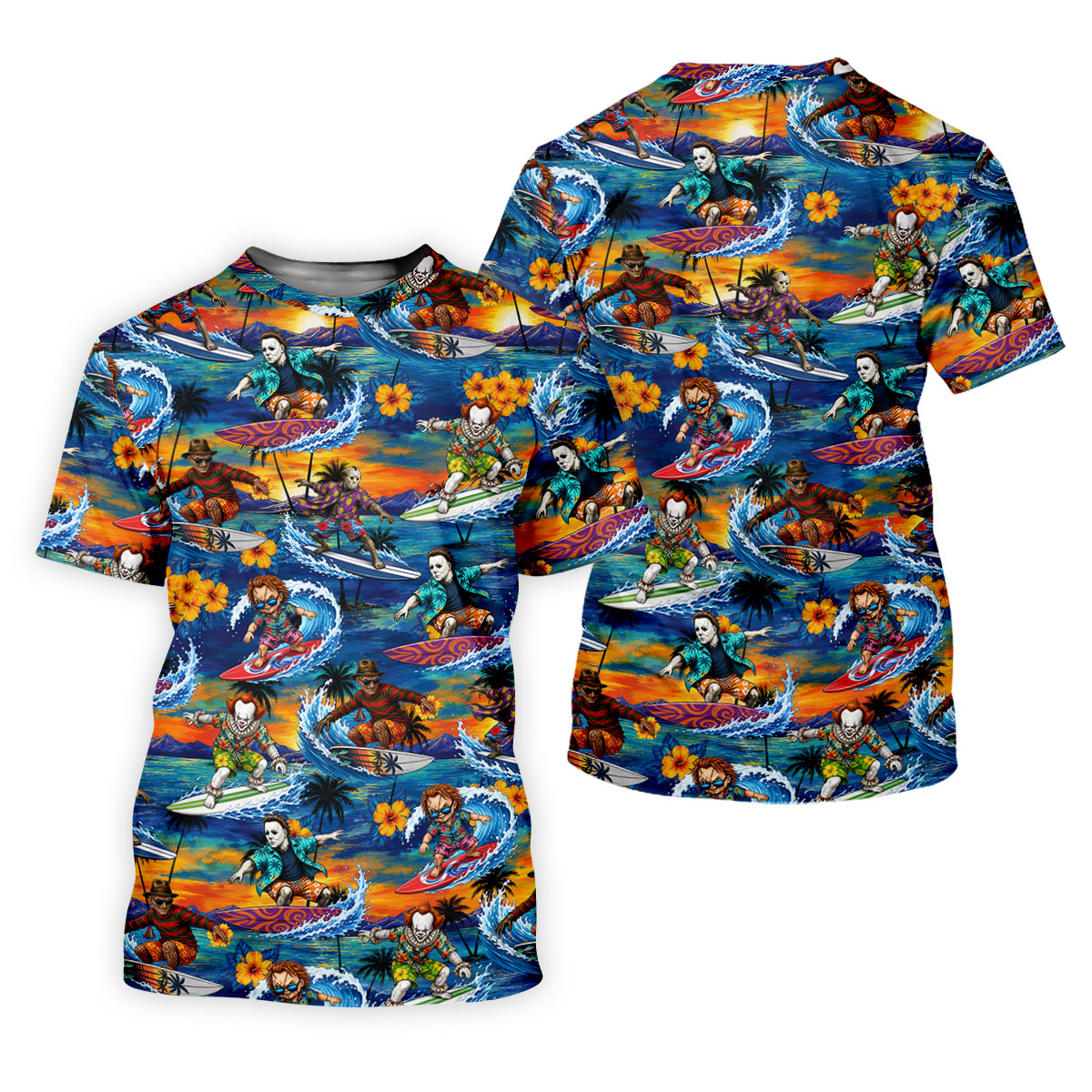 Retro Horror Character Villains Surfing Sunset Waves Golf Polo Shirt, Mens Golf Polo, Printed Golf Shirts