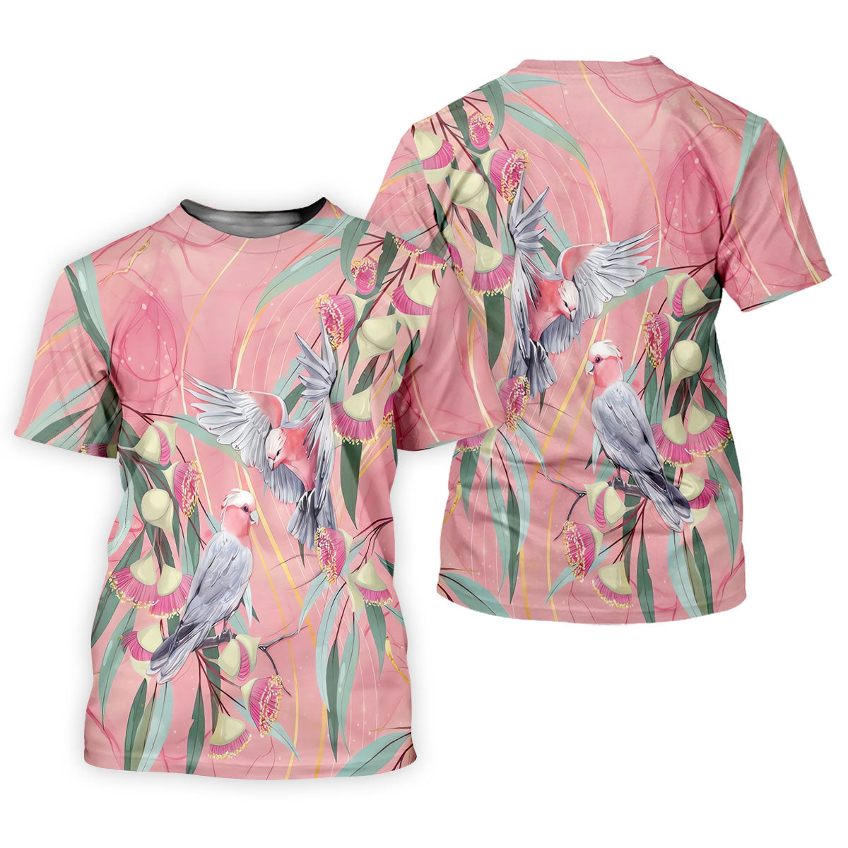 Pink Cockatoo Eucalyptus Floral Polo Shirt, Hawaiian Golf Shirt, Golf Shirts For Men