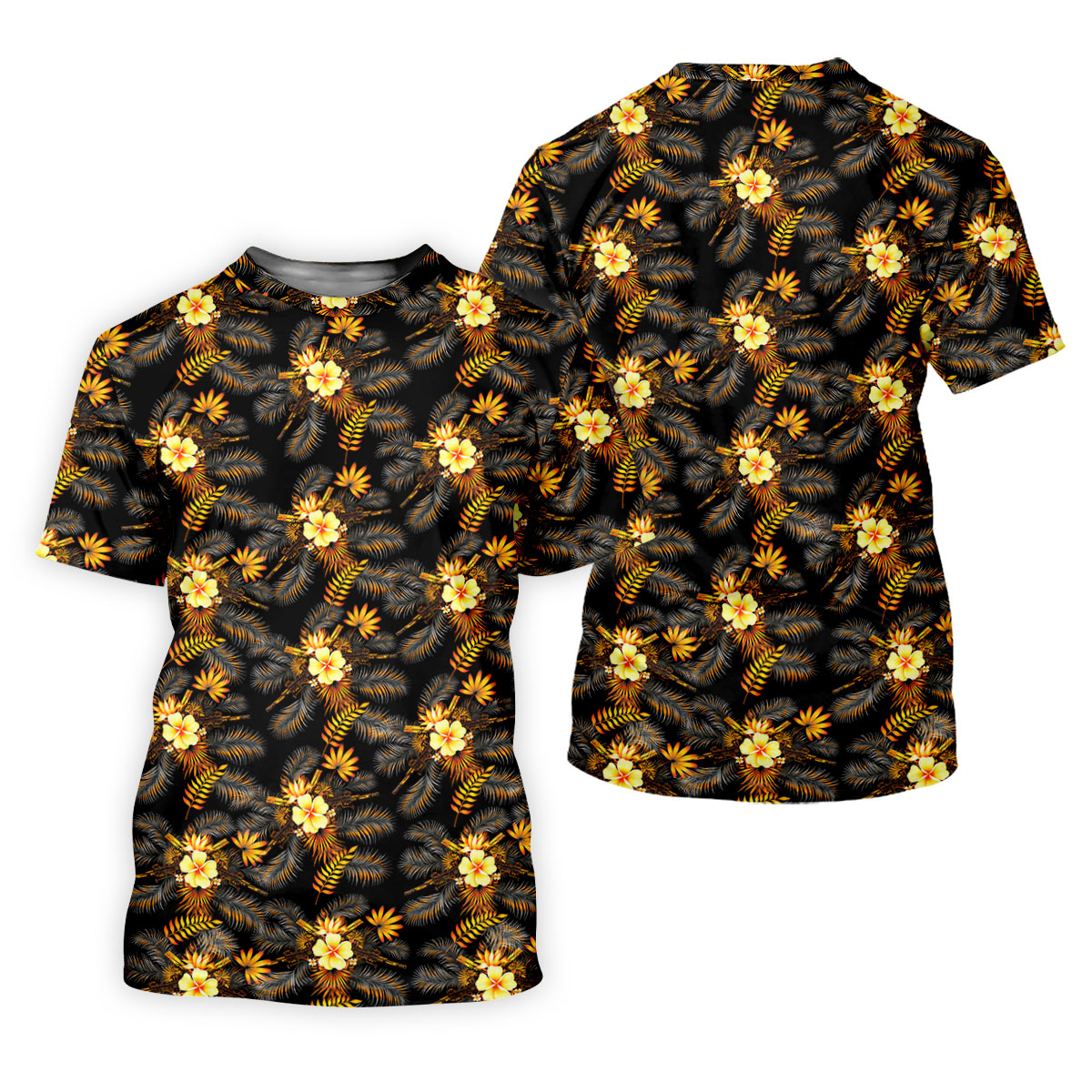 Yellow Hibiscus Flower Black Hawaiian Golf Shirt, Tropical Vibe Golf Shirts For Men