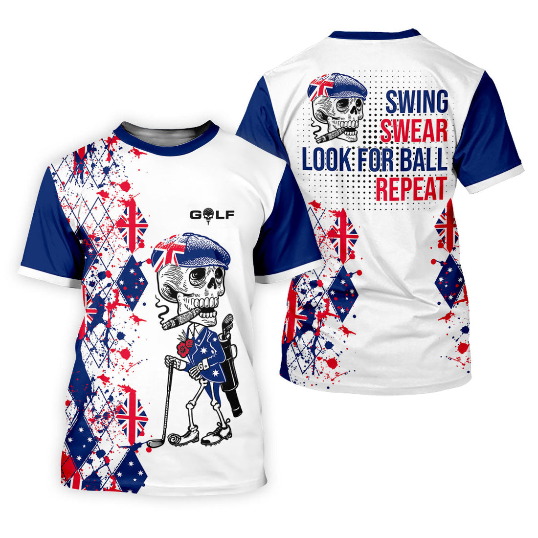 Swing Swear Look For Ball Repeat Australia Flag Print Skeleton Golfer Argyle Golf Shirt, Polo Shirts For Men