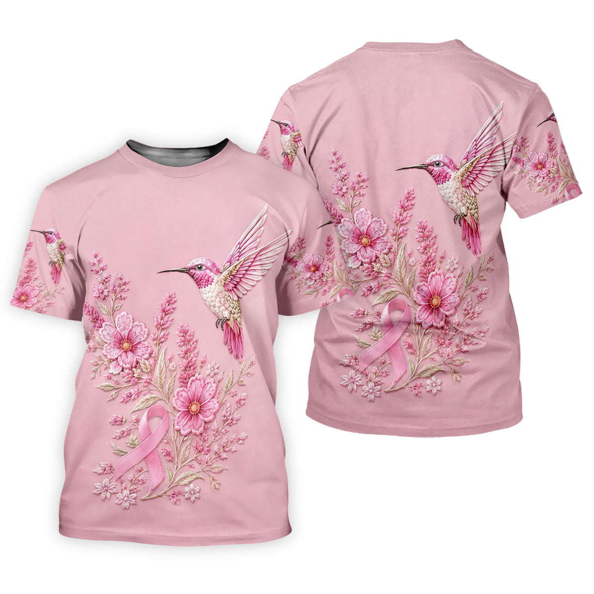Hummingbird Floral Breast Cancer Ribbon Polo Shirt, Ladies Golf Tops, Golf Shirts For Women