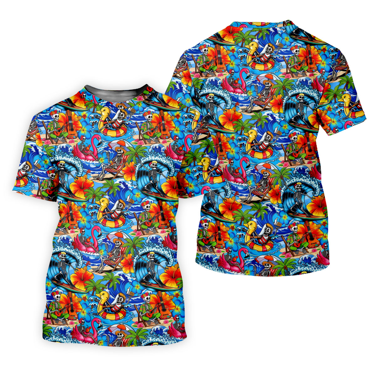 Blue Tropical Skeleton Surfer Pattern Golf Polo Shirt, Men's Golf Shirt, Golf Polo Shirts For Men