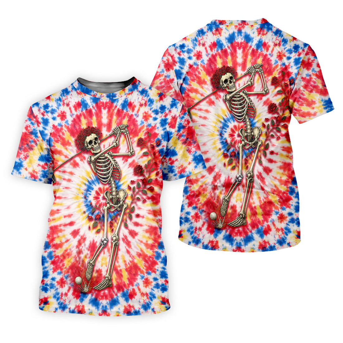 Skeleton Golfer Tie Dye Polo Shirt, Golf Apparel For Men, Golf Polo Shirts For Men