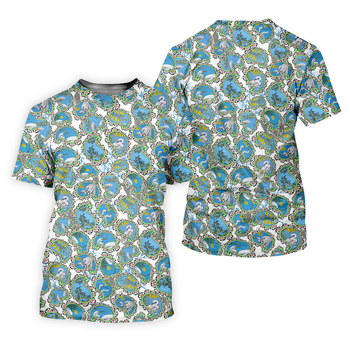 Paisley Flowers Heron Painting Print Golf Shirt, Polo Shirts For Men, Golf Shirts For Men
