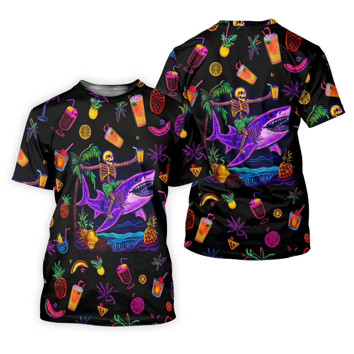 Neon Shark Beach Party Pattern Hawaiian Golf Shirt, Golf Shirts For Men, Polo Shirts For Men