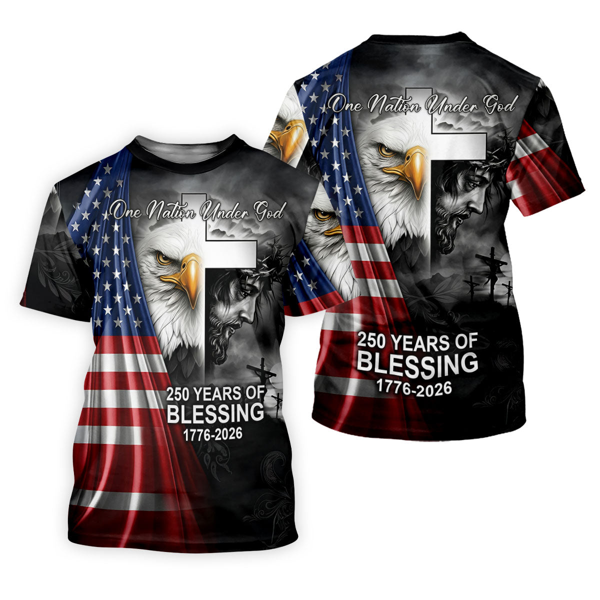 One Nation Under God 250 Years Of Blessing Faith Cross US Flag Golf Shirt, 4th Of July Golf Shirts For Men
