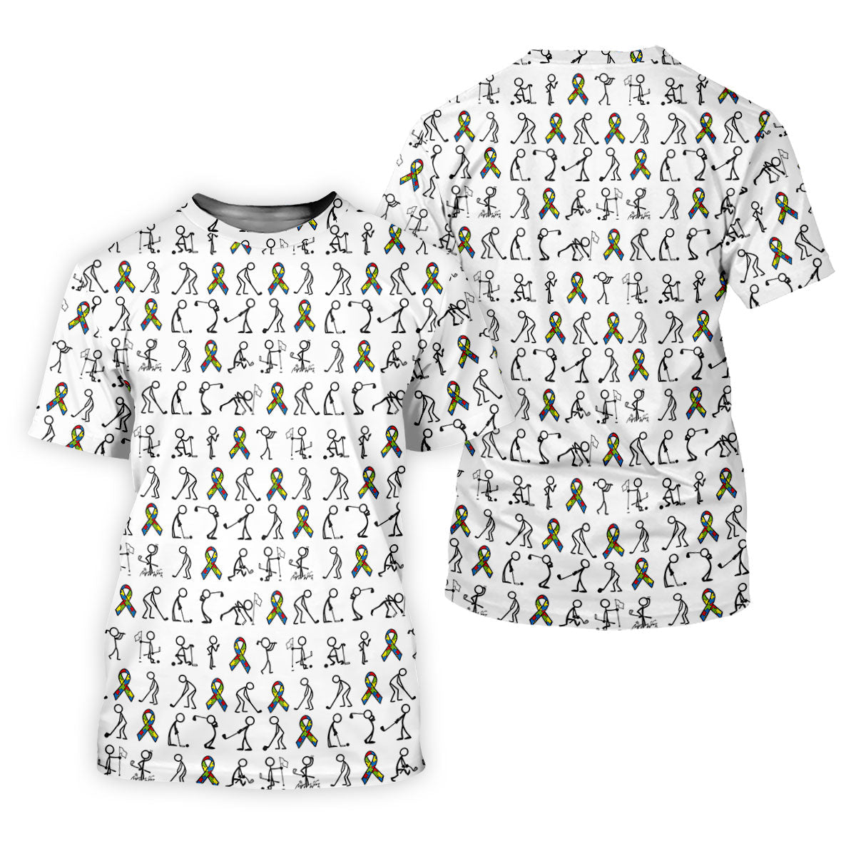 Stick Figure Golf Pose Autism Ribbon White Golf Shirt, Autism Awareness Colors Golf Shirts For Men