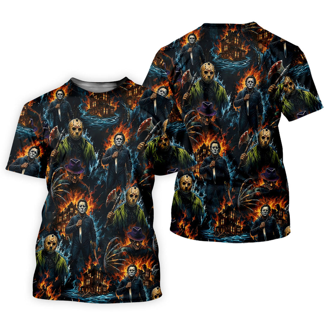 Horror Character Fire Collage Halloween Polo Shirt, Women’s Golf Polo, Golf Tops For Women