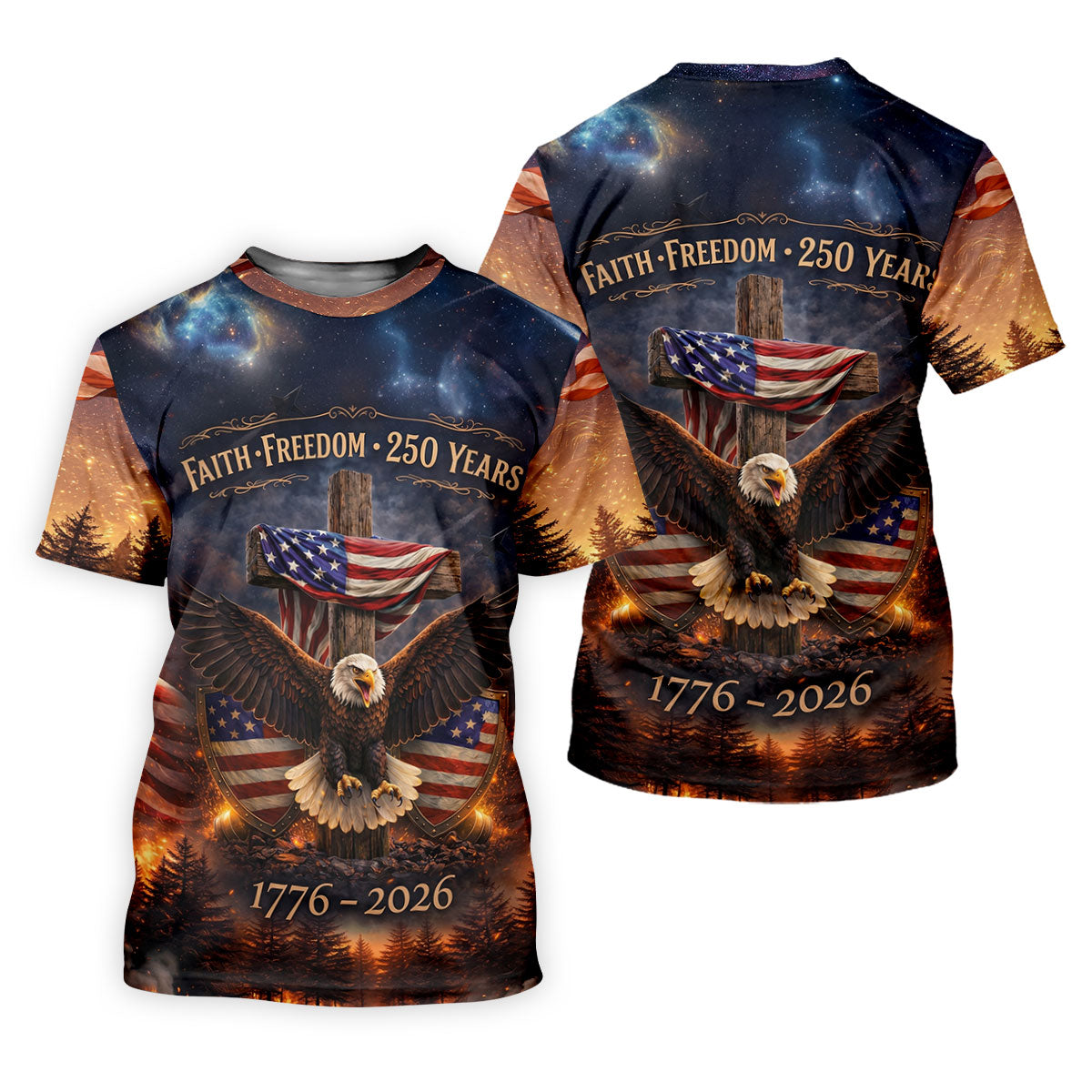 Faith Freedom 250 Years Galaxy Pattern US Flag Golf Shirt, Patriotic 4th Of July Golf Shirts For Men