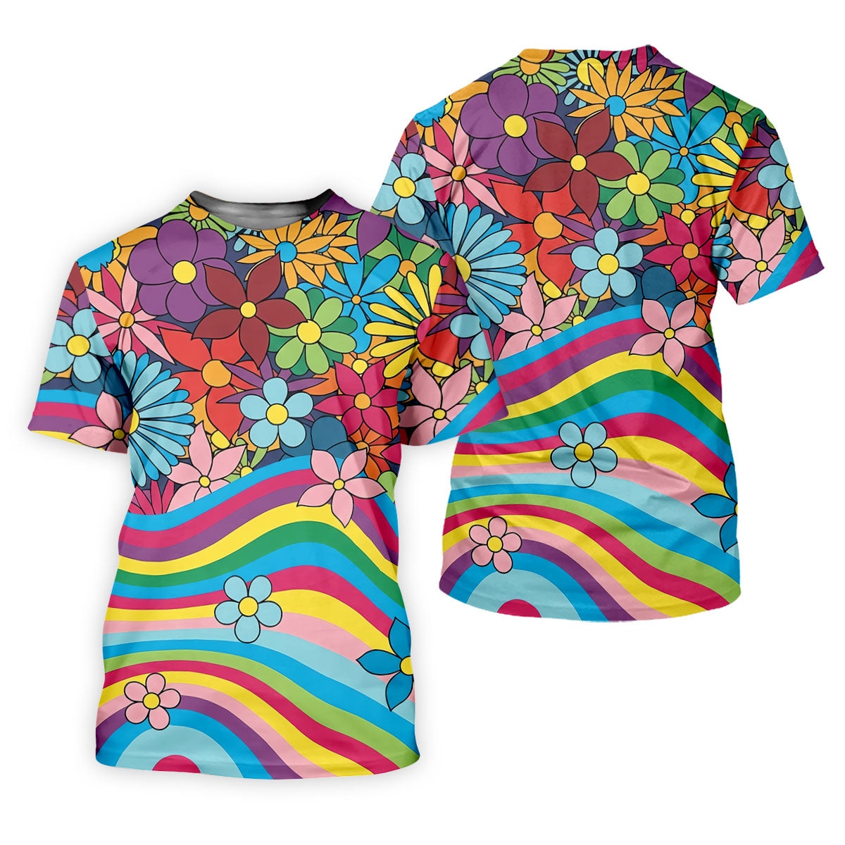 Retro Rainbow Floral Hippie Hawaiian Golf Shirt, Golf Polo Shirts For Men, Mens Golf Apparel