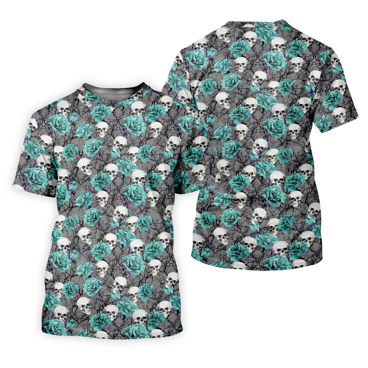 Teal Rose Skull Gothic Pattern Golf Polo Shirt, Ladies Golf Shirt, Golf Polo For Women