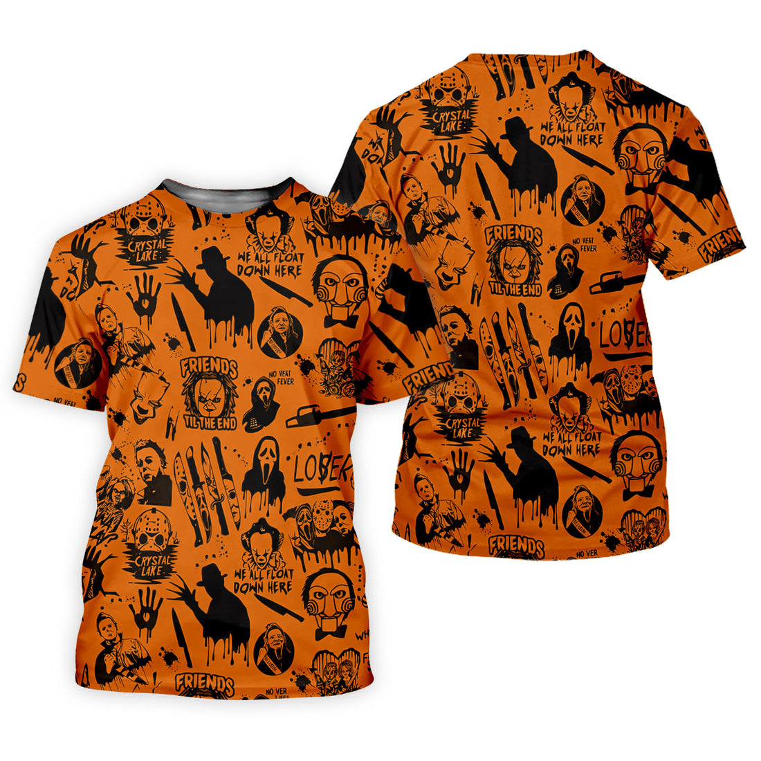 Orange Horror Character Icons Pattern Golf Polo Shirt for Halloween, Womens Golf Polo, Ladies Golf Shirts